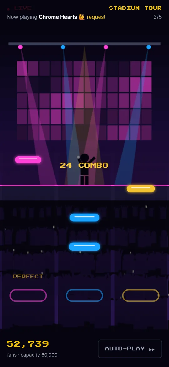 A stadium show in progress with notes falling in three lanes and a 24 combo