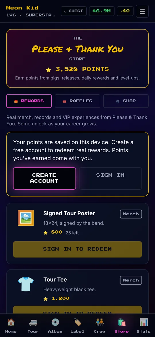 The Please & Thank You rewards store inside the game, with points and real merch